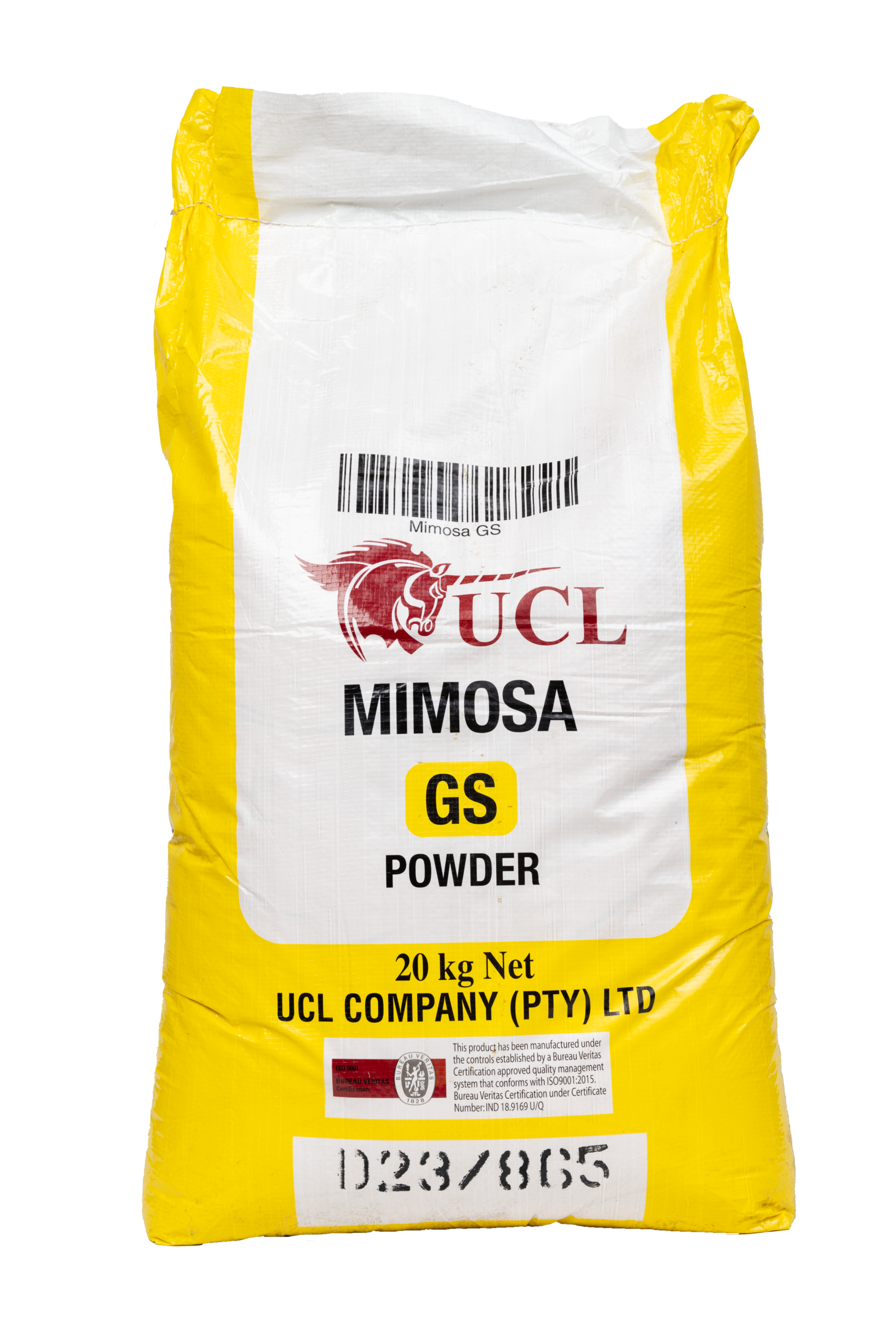 Yellow and white woven bag of UCL Mimosa GS Powder