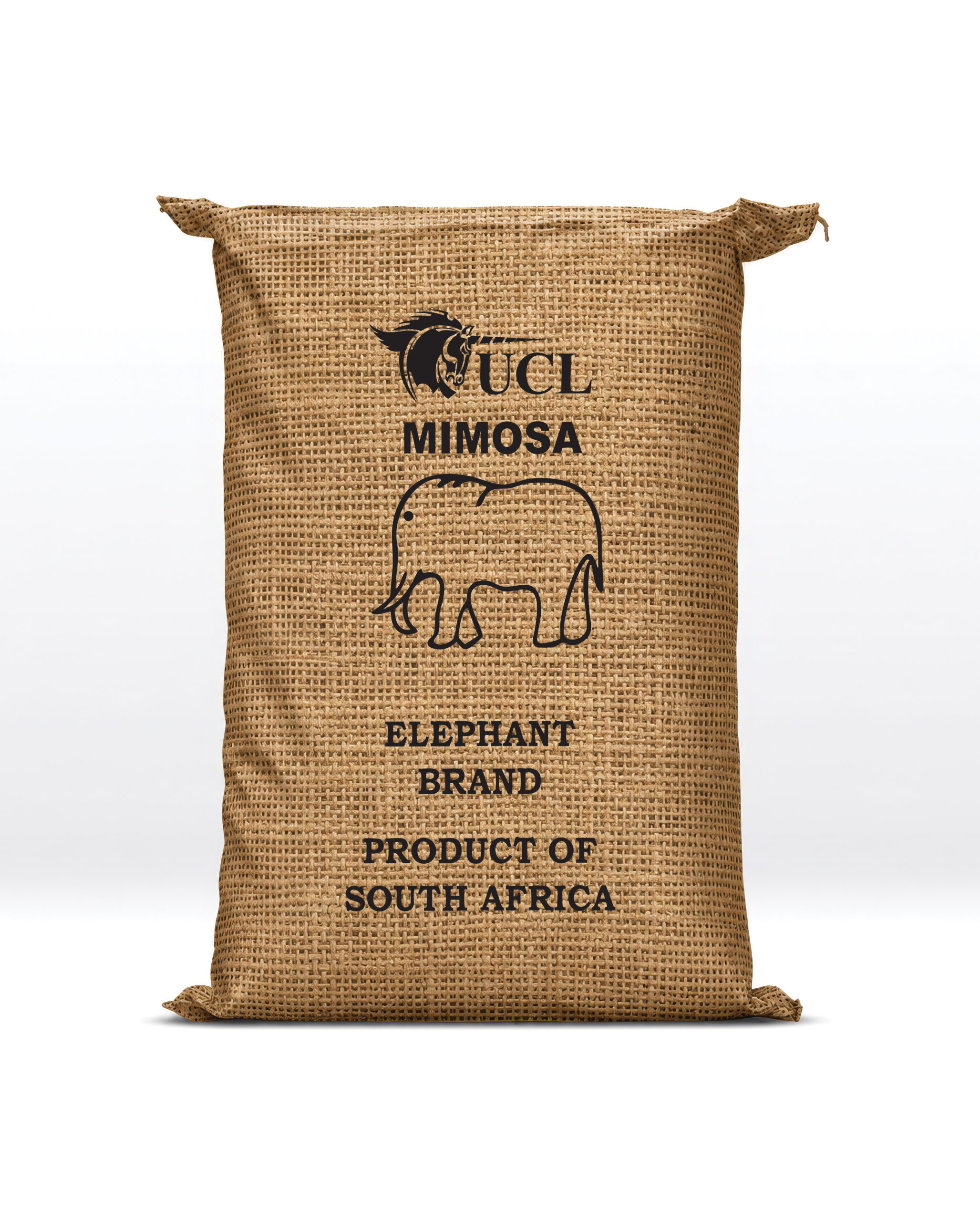 Hessian bag of Mimosa Elephant Brand solid extract, marked Product of South Africa