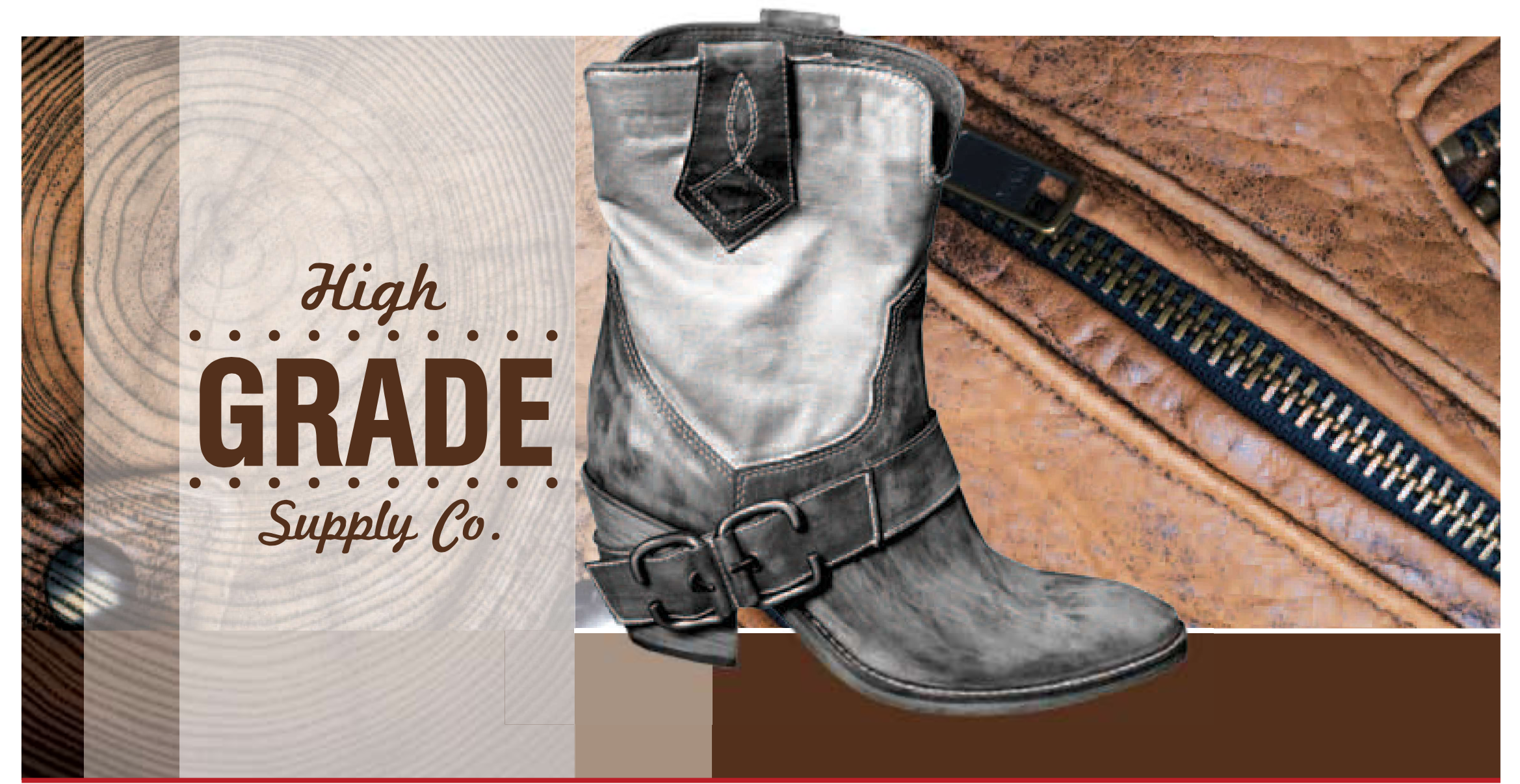 Leather boot on a wood and leather background with High Grade Supply Co. lettering