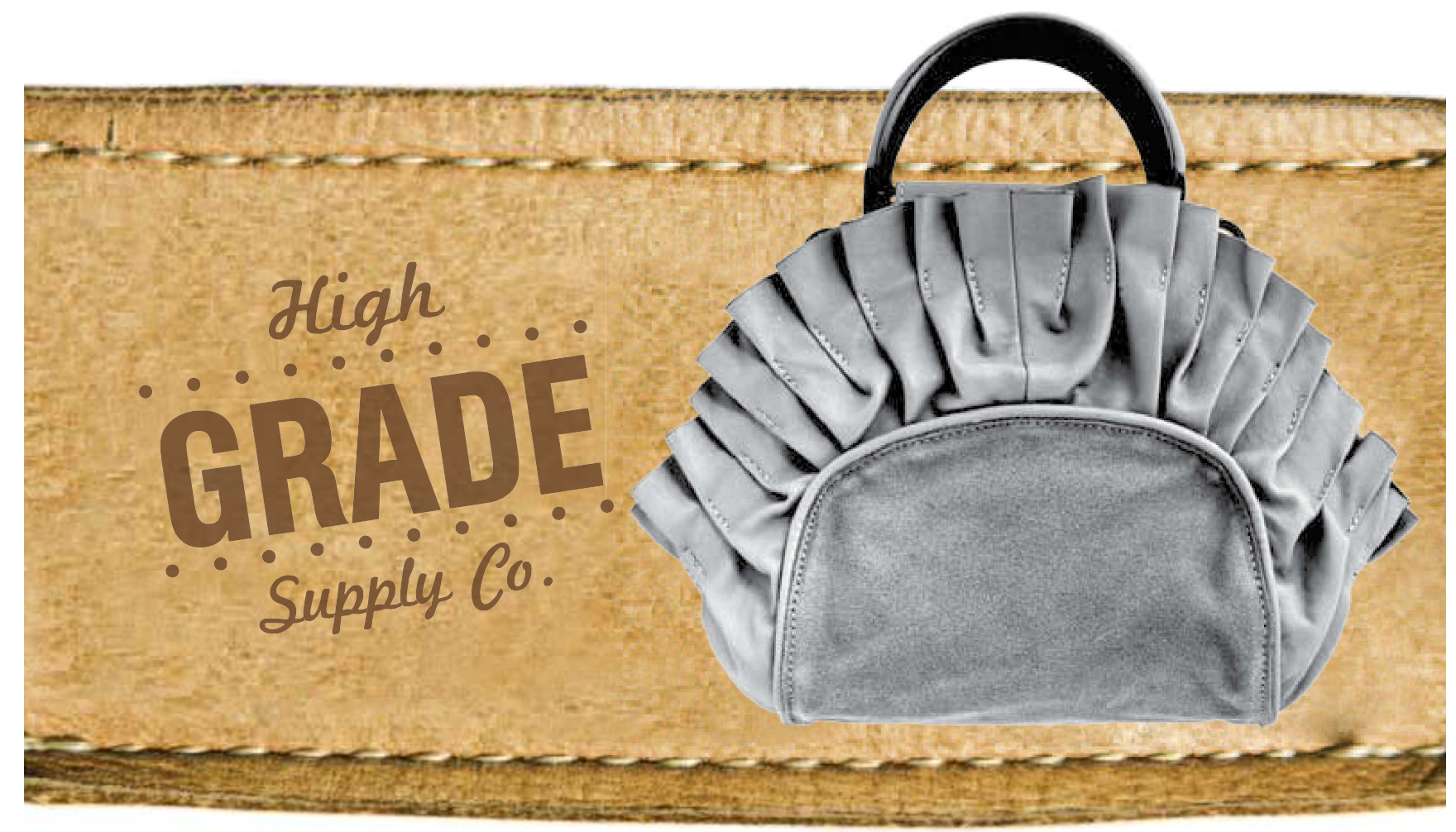 Pleated leather handbag on a tan leather background with High Grade Supply Co. lettering