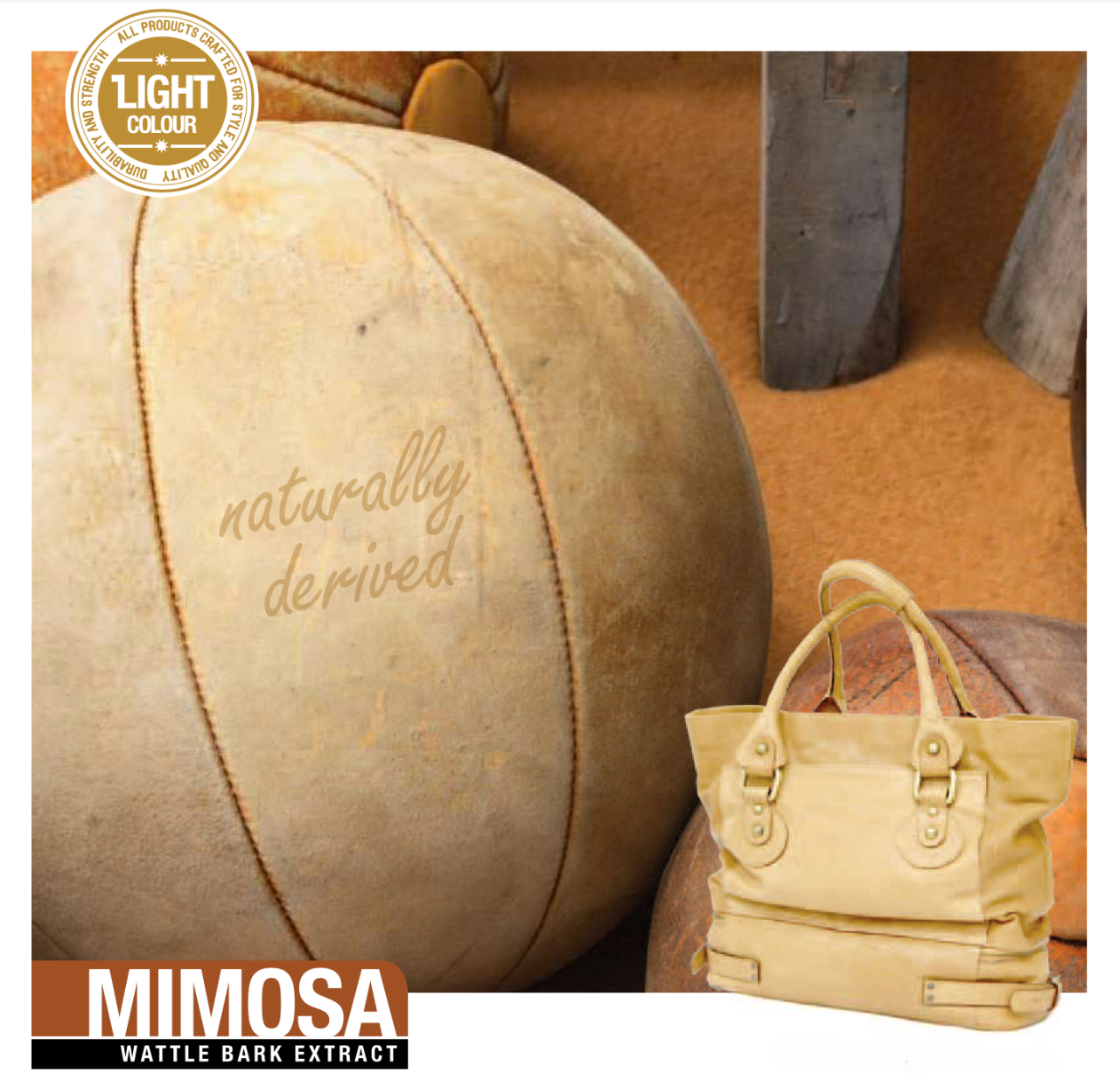Light-coloured leather ball and handbag made with Mimosa wattle bark extract