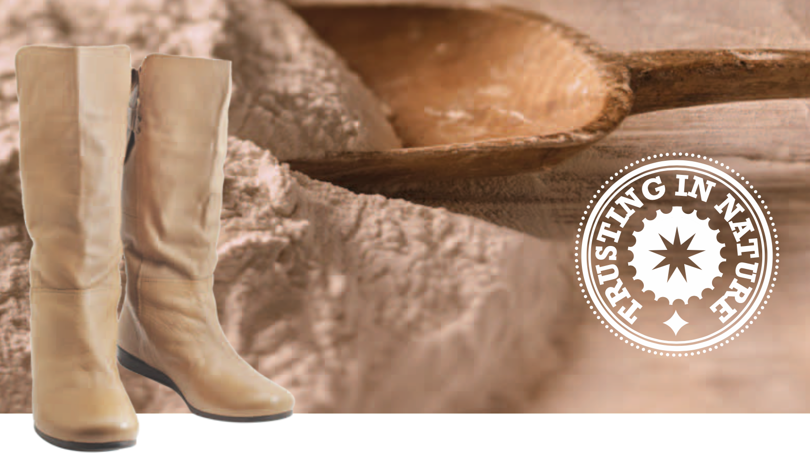 Light-coloured leather boots beside mimosa extract powder and a wooden scoop