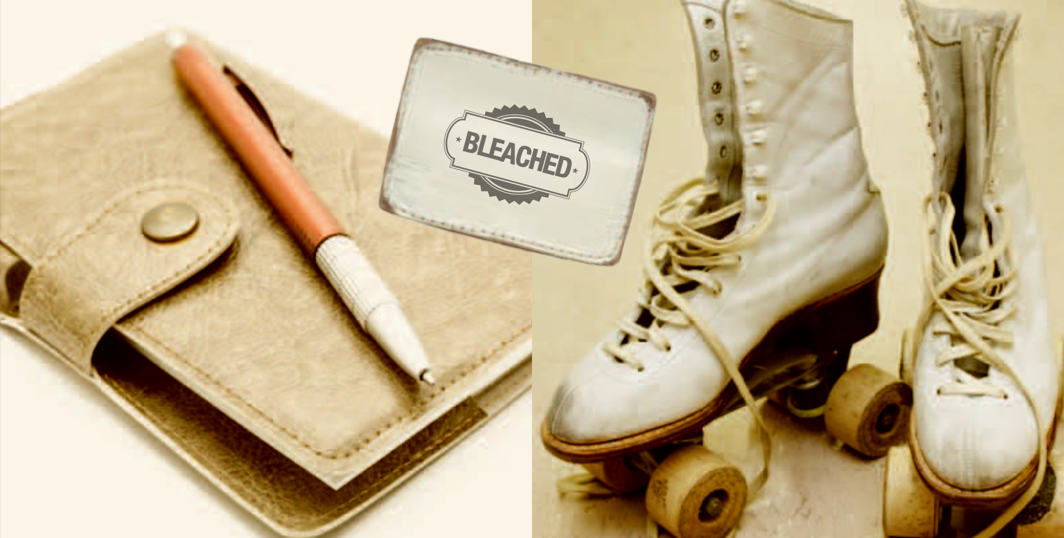 Pale bleached leather notebook cover and lace-up boots with a Bleached label
