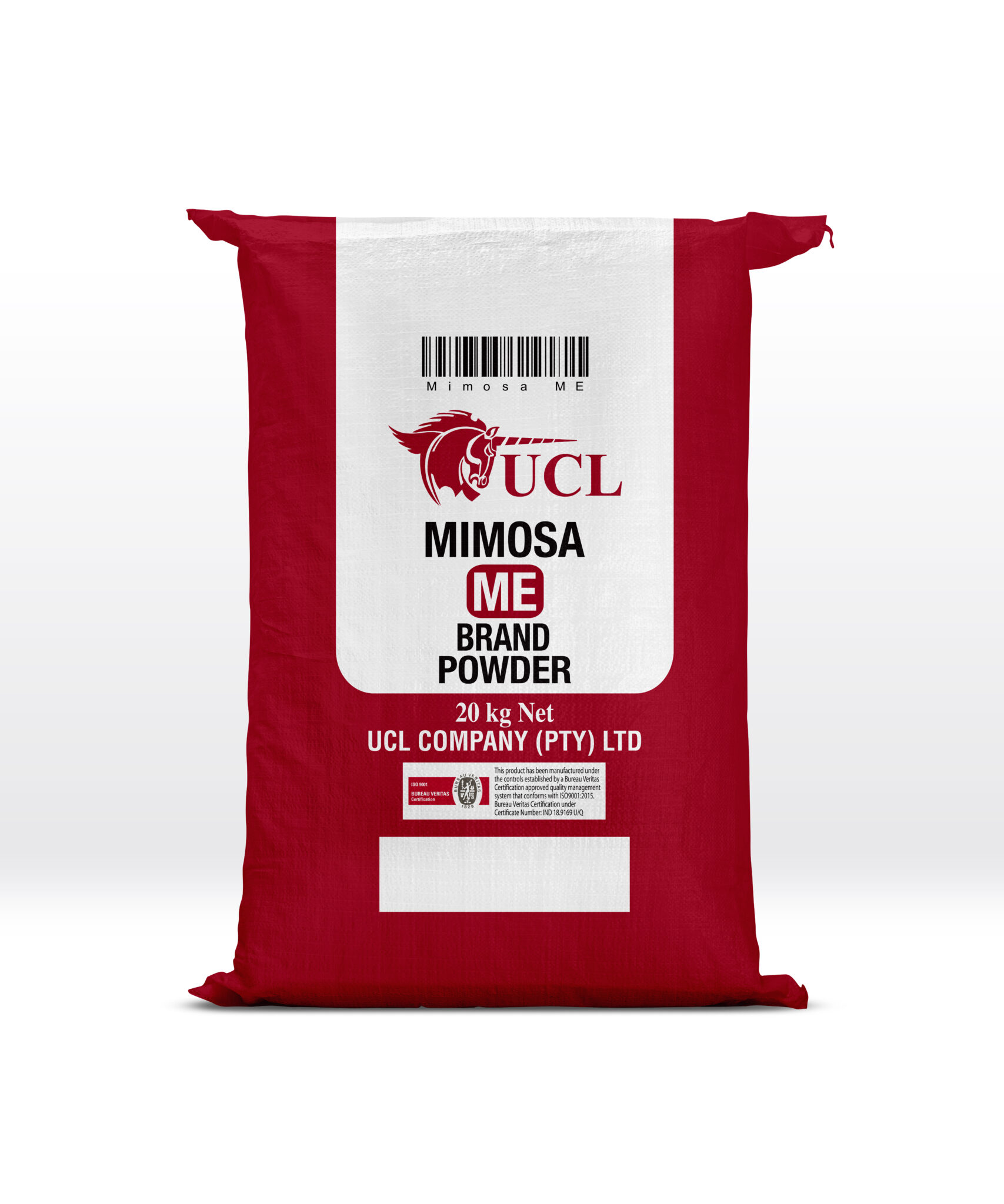 Red and white woven bag of UCL Mimosa ME Brand Powder