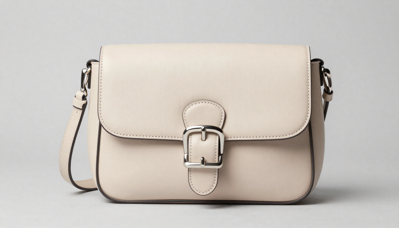 Light cream leather crossbody bag with a silver buckle